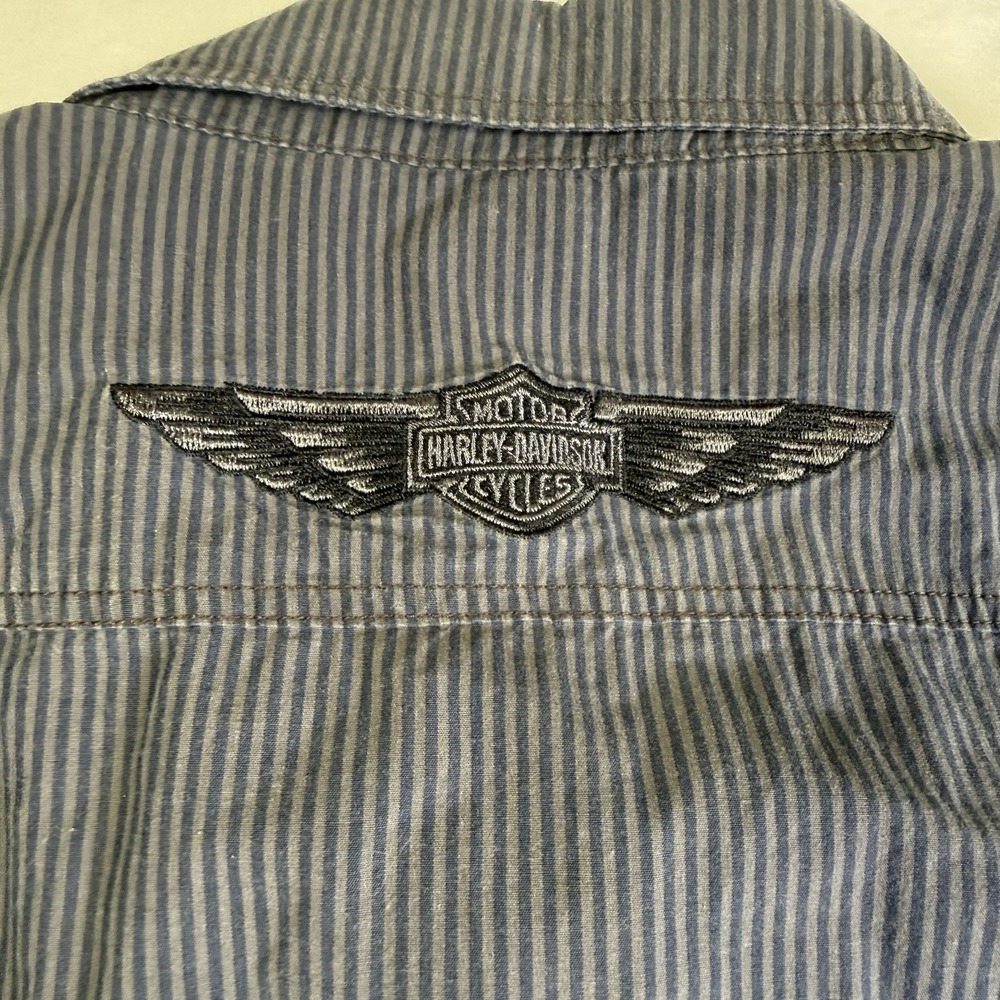 VTG Harley Davidson Long Sleeve Striped Button Up Shirt Embroidered Gray Mens L - Picture 9 of 9